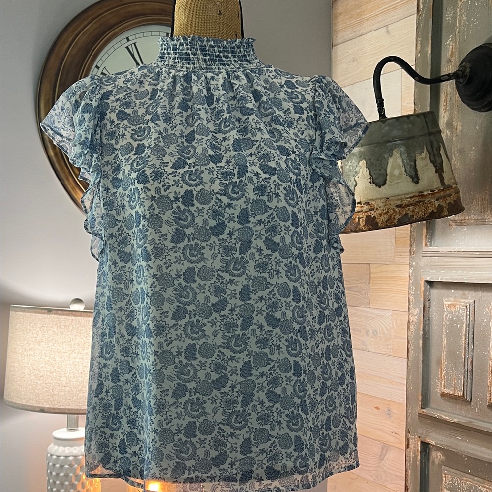 1. State Blue Floral Smocked High Neck Ruffle Sleeve Blouse
